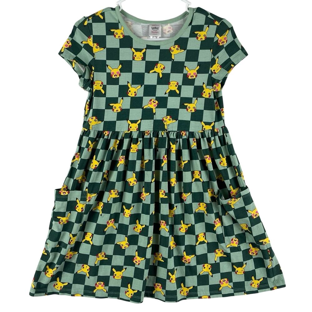 Hanna Andersson Girls Pokemon Playground Dress 150 US 12 Green Pikachu Checker